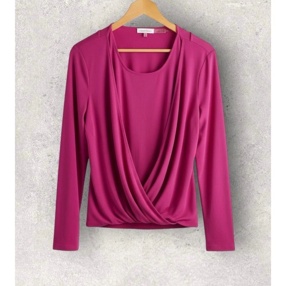 Calvin Klein Faux Wrap Popover Top Office Bright Pink Stretch All Seasons Size L